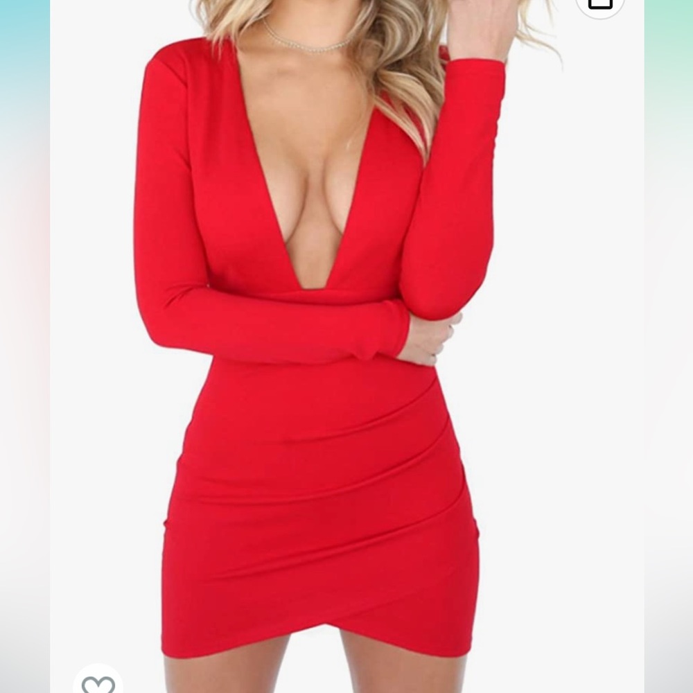 Red bodycon deep V neck long sleeve mini dress - size small